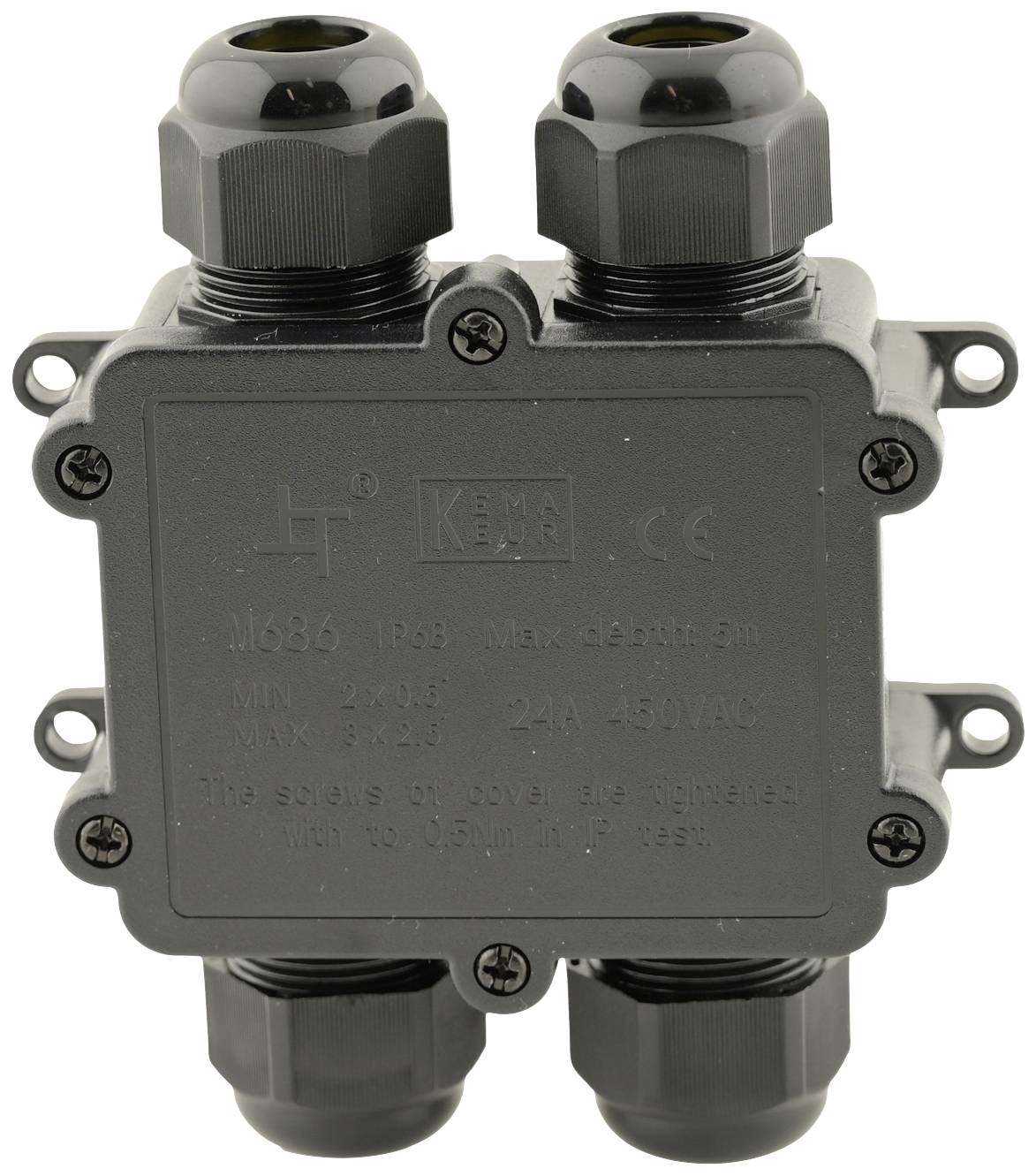 Eine schwarze elektrische Verteilerdose mit zwei Einführungen oben und zwei unten, für den Anschluss von Kabeln vorgesehen.