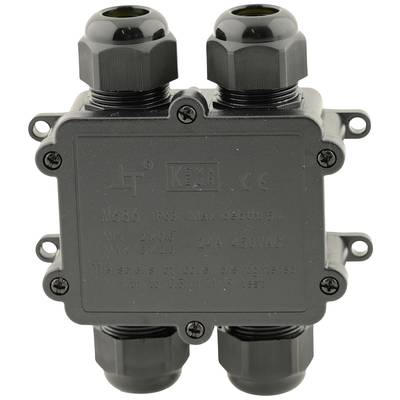 Eine schwarze elektrische Verteilerdose mit zwei Einführungen oben und zwei unten, für den Anschluss von Kabeln vorgesehen.