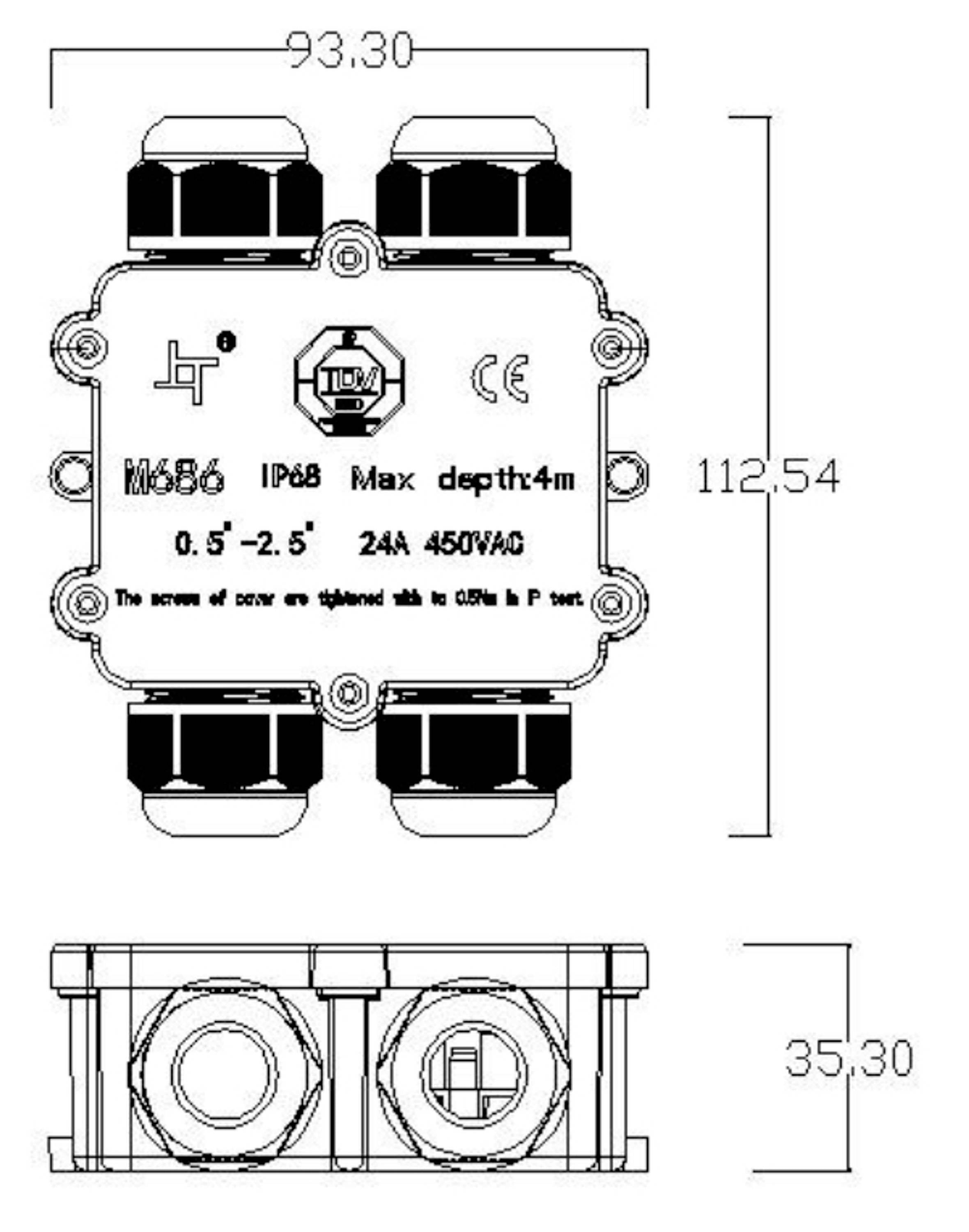 Ein rechteckiger wasserdichter Anschlusskasten mit den Maßen 93,30 x 112,54 mm und einer Tiefe von 35,30 mm. Geeignet für 450VAC.
