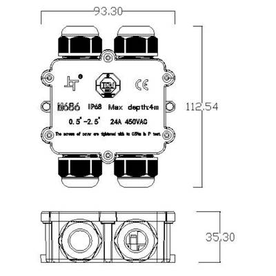 Ein rechteckiger wasserdichter Anschlusskasten mit den Maßen 93,30 x 112,54 mm und einer Tiefe von 35,30 mm. Geeignet für 450VAC.