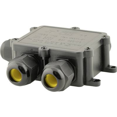 Ein schwarzes elektrisches Anschlussgehäuse mit zwei Kabeldurchführungen, auf einer Seite befinden sich technische Markierungen.