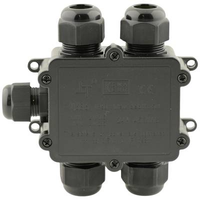 Schwarzer Kabelverbinder mit vier Kabelanschlüssen, geeignet zur sicheren Verbindung elektrischer Leitungen im Innen- und Außenbereich.