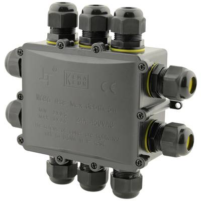 Ein graues, quadratisches elektrisches Anschlussgehäuse mit mehreren Kabelverschraubungen. Aufschrift: 'KEMA KEUR M686 IP68'.