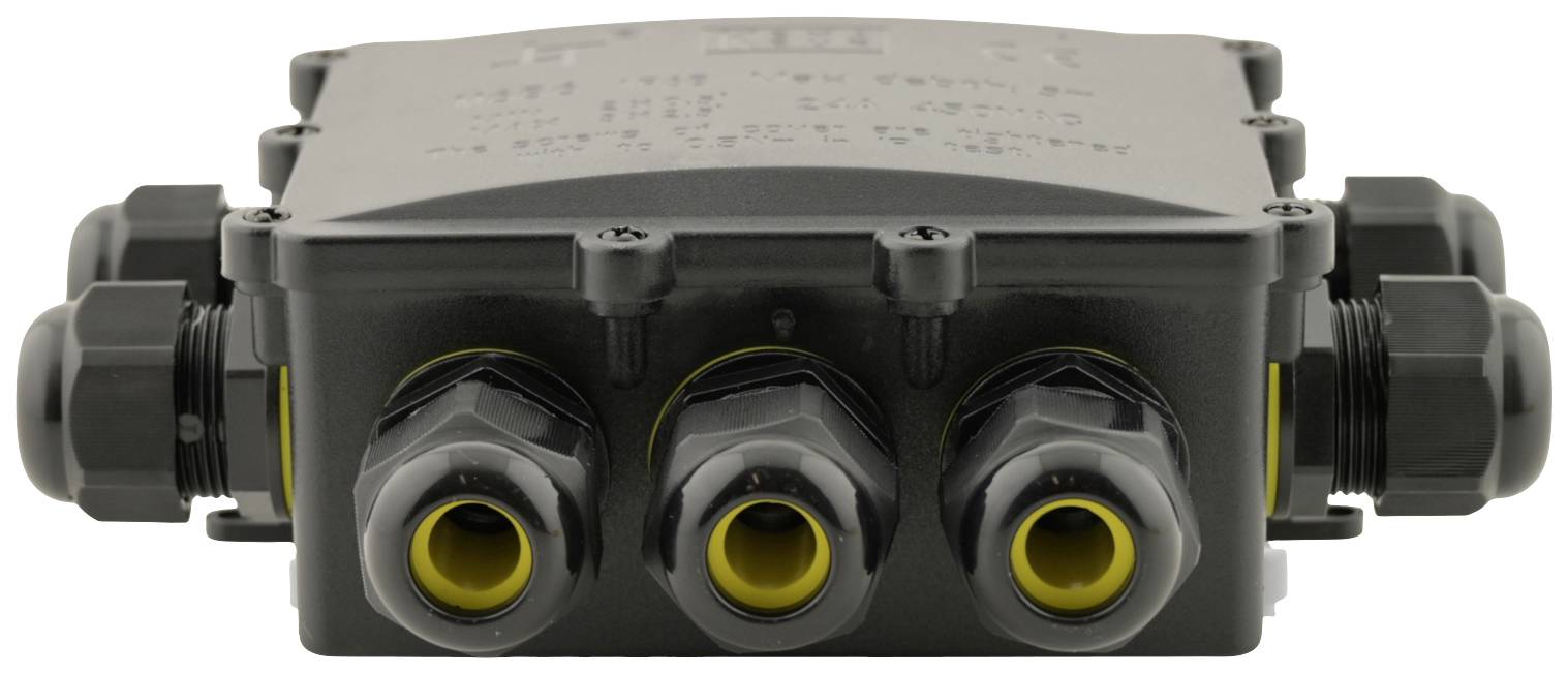Ein schwarzes elektrisches Anschlussgehäuse mit sechs gelben Kabeldurchführungen, symmetrisch aufgereiht, ermöglicht Kabelverbindungen.