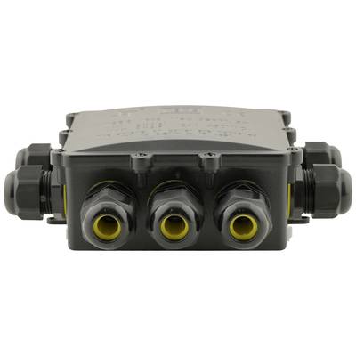 Ein schwarzes elektrisches Anschlussgehäuse mit sechs gelben Kabeldurchführungen, symmetrisch aufgereiht, ermöglicht Kabelverbindungen.