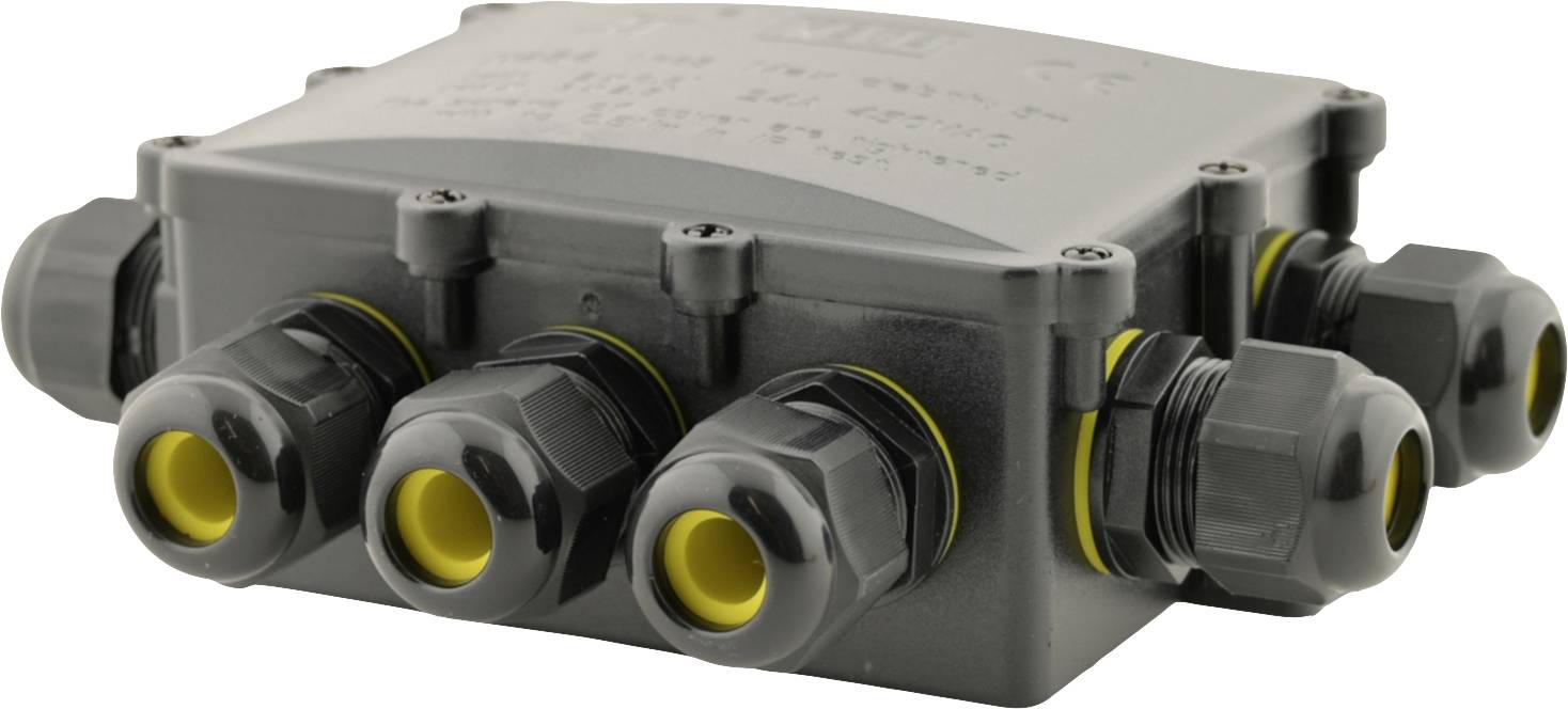 Graues elektrisches Verbindungsgehäuse mit mehreren Kabelverschraubungen und gelben Dichtungen, zur Kabelorganisation und -sicherung.