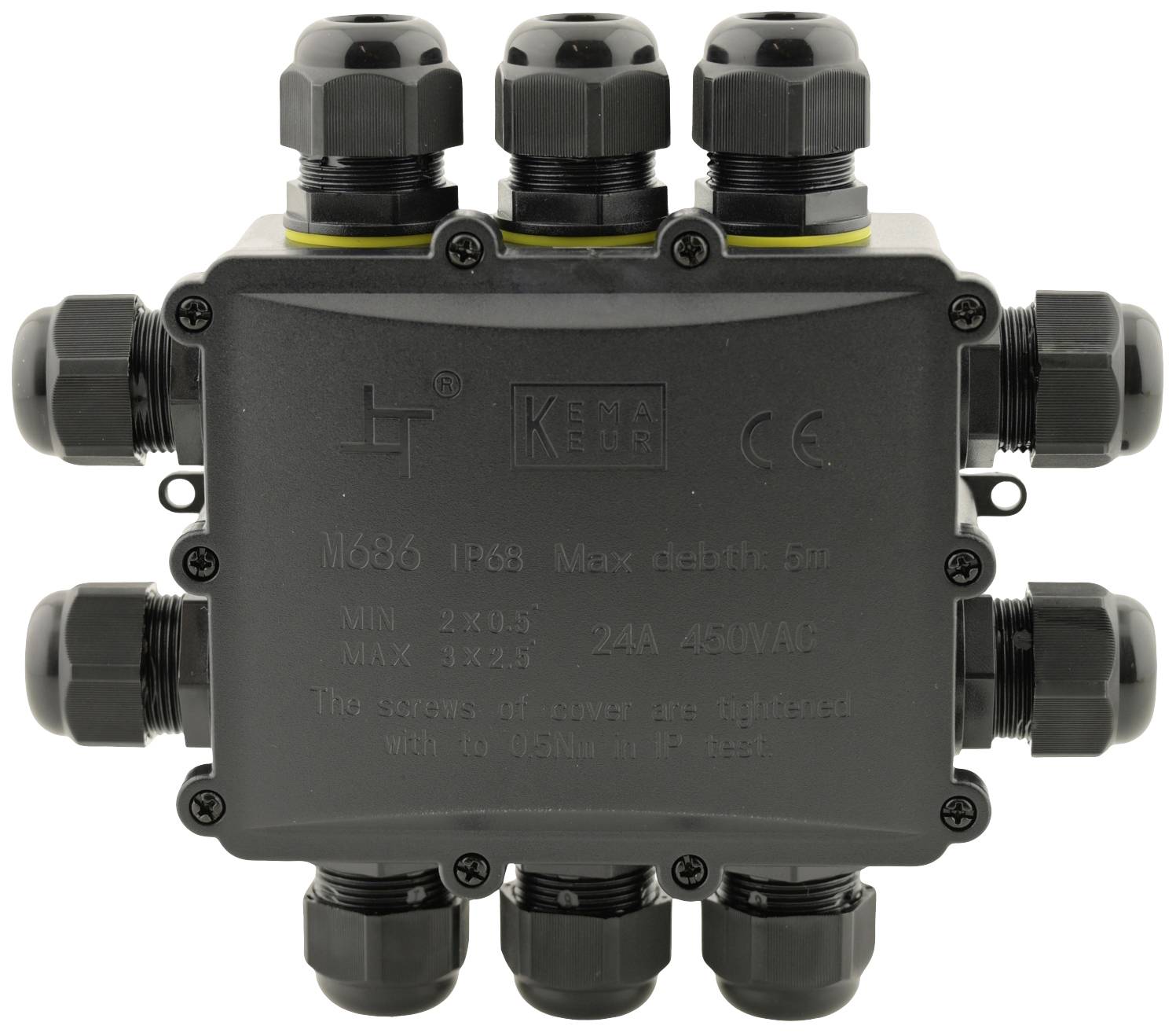 Elektrische Verteilerdose mit sechs Kabelverschraubungen, IP68, für Außenanwendungen geeignet. Maximale Tiefe: 5m.