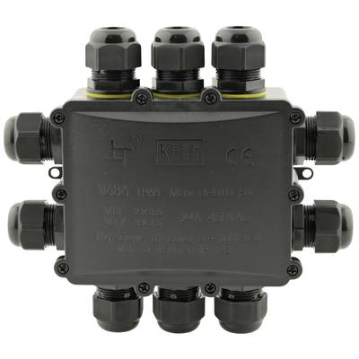 Elektrische Verteilerdose mit sechs Kabelverschraubungen, IP68, für Außenanwendungen geeignet. Maximale Tiefe: 5m.