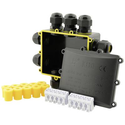 Schwarze Kabelverteilerdose mit abnehmbarer Abdeckung und gelben Dichtungen. Enthält weiße Klemmenblöcke. Für elektrische Installationen.
