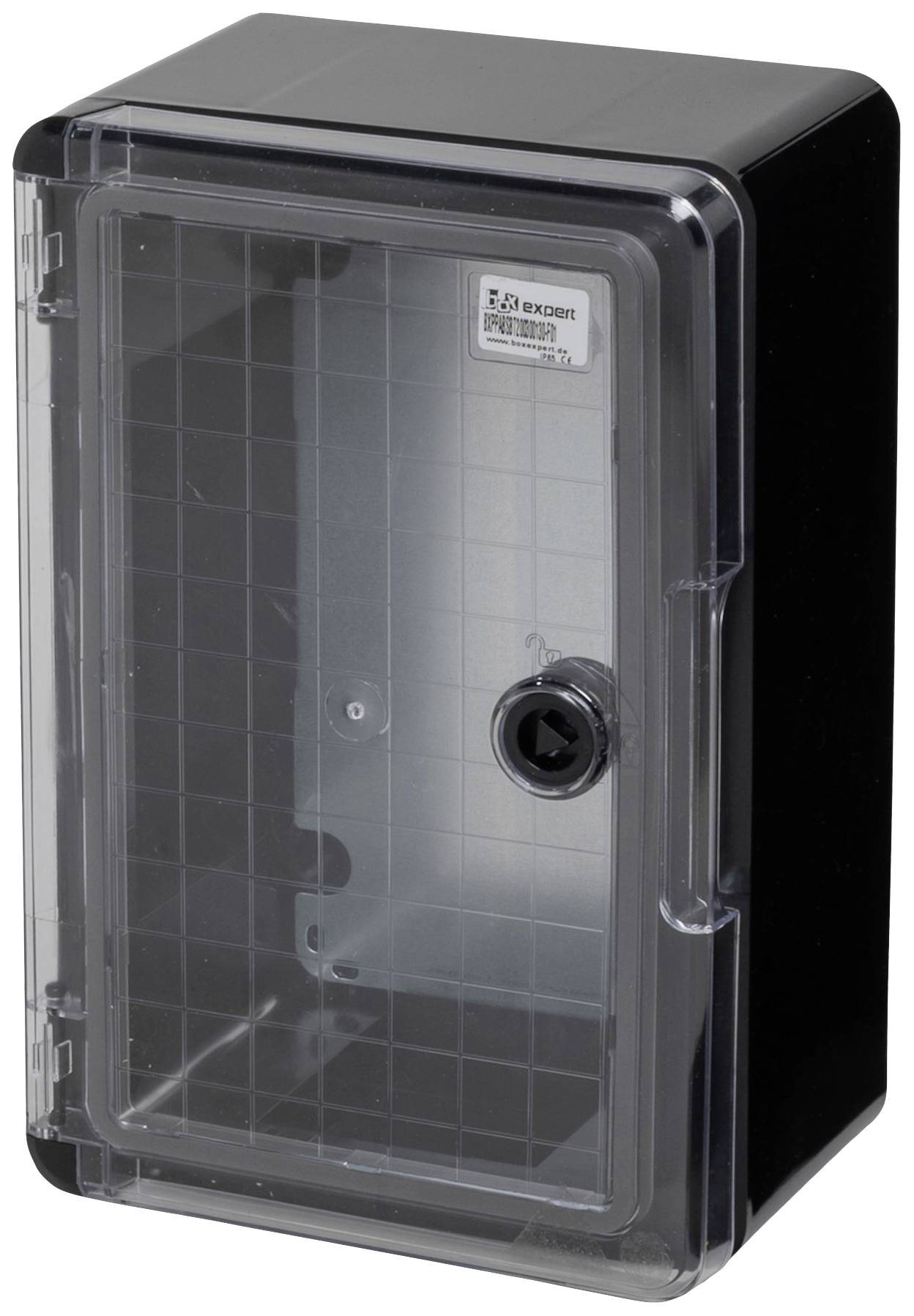 Wandmontierter, abschließbarer Kunststoffkasten mit transparenter Front, geeignet für elektrische Installationen.