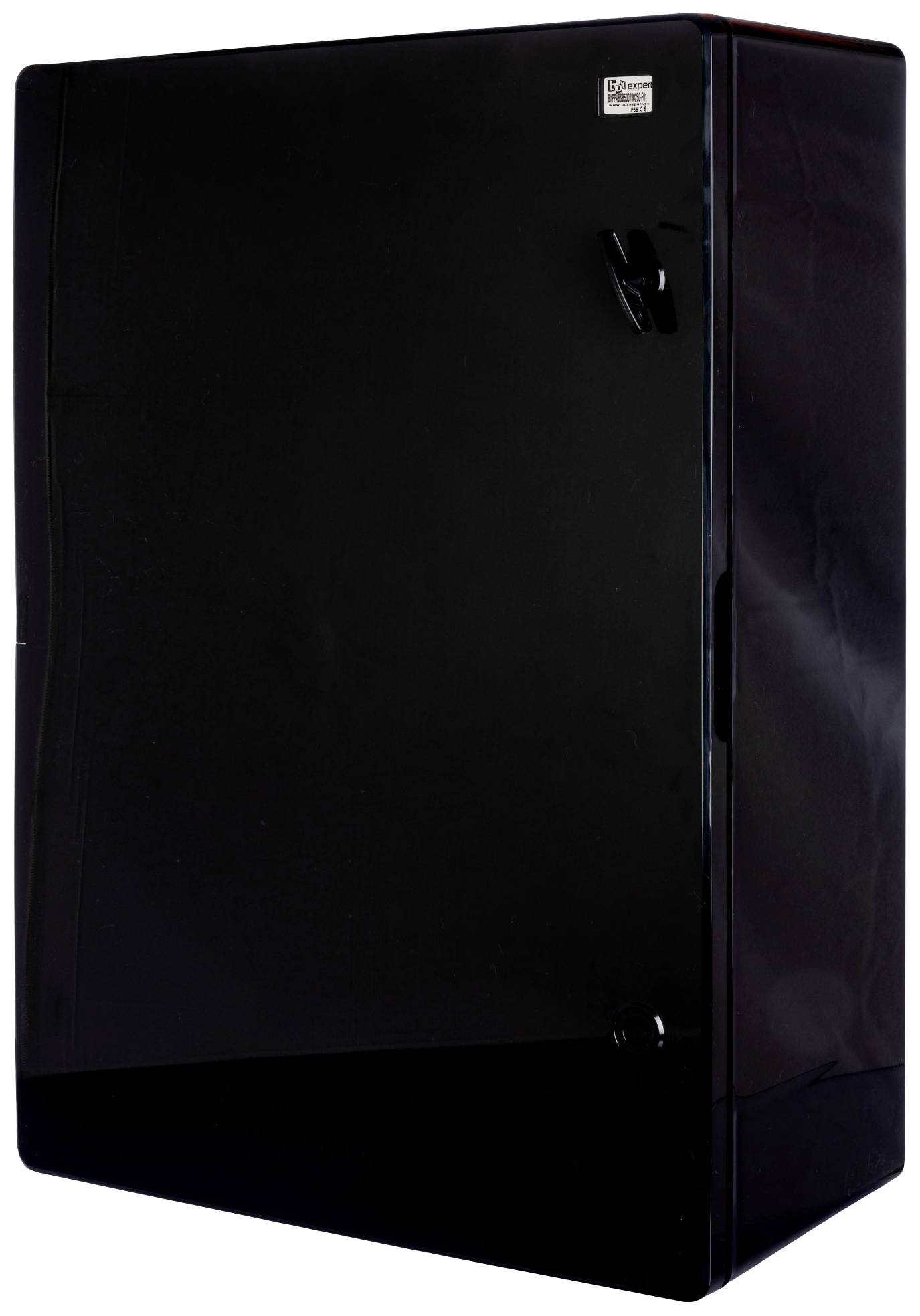 Schwarzer Kühlschrank mit einfachem, glattem Design und einem Griff an der Seite. Keine sichtbaren Marken- oder Modellkennzeichnungen.