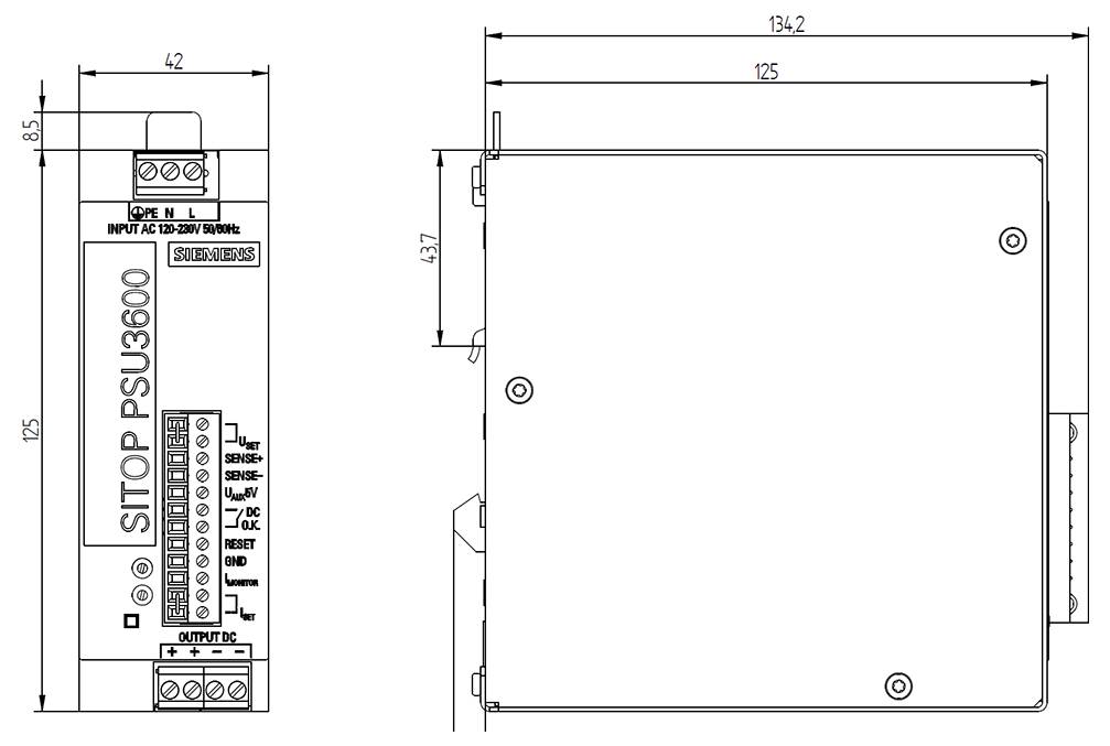Technische Zeichnung des SITOP PSU3600. Abmessungen: Höhe 137 mm, Breite 125 mm, Tiefe 125 mm. Eingangsspannung: 120/230V, Ausgangsspannung: Gleichstrom (DC).
