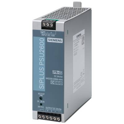 Das Bild zeigt ein Siemens SIPLUS PSU2600 Netzteil mit 24 V Ausgang und 5 A, geeignet für eine Eingangsspannung von 110 V.