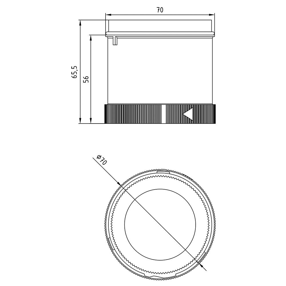 'Technische Zeichnung eines zylindrischen Behälters mit Deckel. Maße: Höhe 65,5 mm, Breite 70 mm. Draufsicht zeigt einen Durchmesser von 70 mm.'