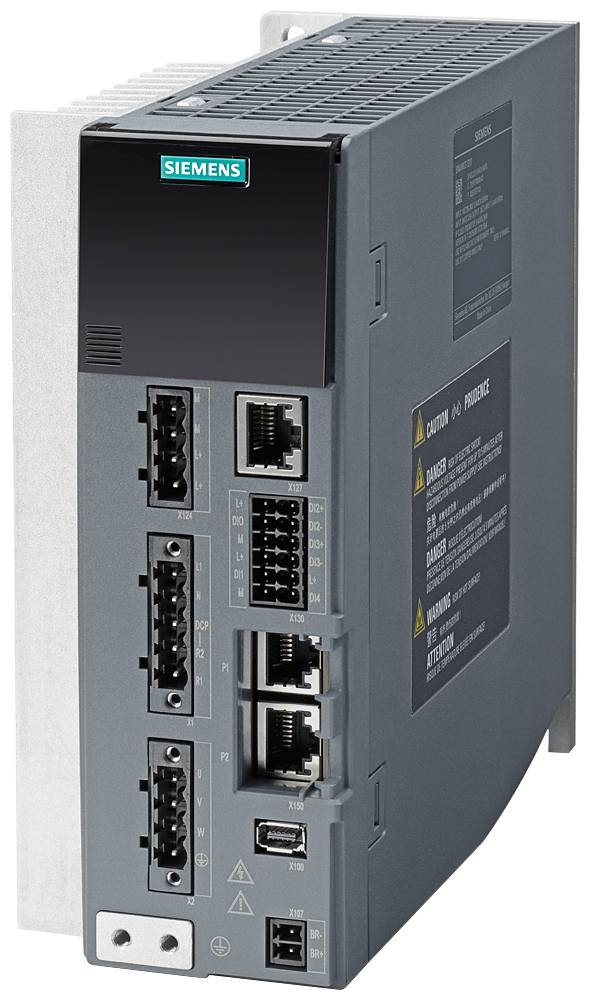 Kompakte, graue Siemens-Industrie-Steuerungseinheit mit diversen Anschlüssen und Labeln für technische Anwendungen.