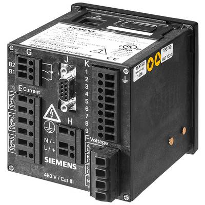 Ein schwarzes Siemens-Gerät mit mehreren Anschlüssen und einer Beschriftung zur Stromspannung. Testetiketten sind sichtbar.
