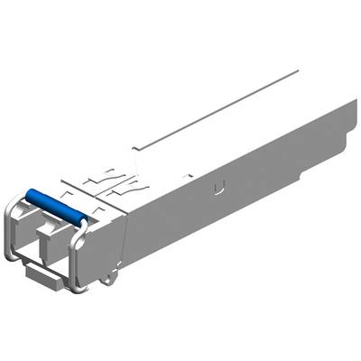 Ein silbernes SFP-Modul mit einem blauen Griff, dient zur Verbindung von Netzwerkgeräten über Glasfaser- oder Kupferkabel.