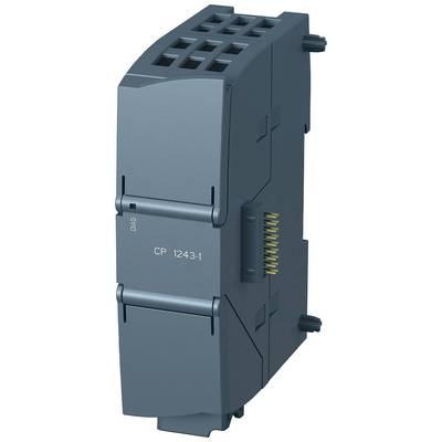 Ein graues, rechteckiges elektronisches Modul mit Aufschrift 'CP 1243-1'. Verbindungsstecker an der Seite sichtbar.