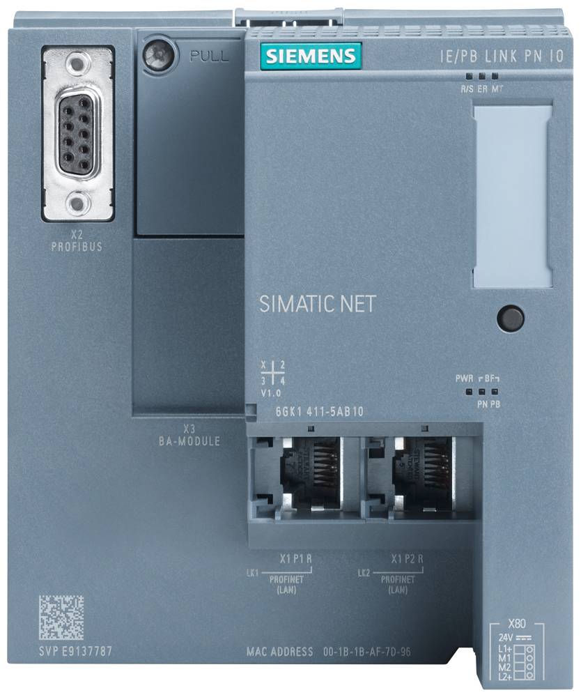 'Siemens SIMATIC NET Modul' mit zwei Ethernet-Anschlüssen und Profibus-Anschluss, geeignet für industrielle Netzwerkverbindungen.