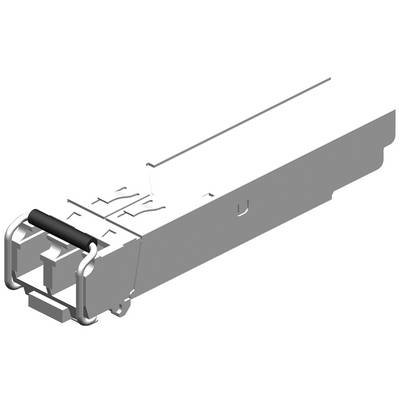 SFP-Modul für Netzwerke, rechteckige Form mit Metallrahmen und Steckverbindung, in monochromem Stil dargestellt.