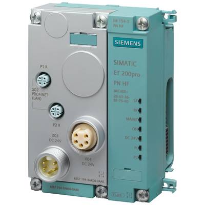 Simatic ET 200pro PN HF, ein Industrie-Automatisierungsmodul von Siemens, zeigt Anschlüsse und LED-Statusanzeigen für Netzwerke und Strom.