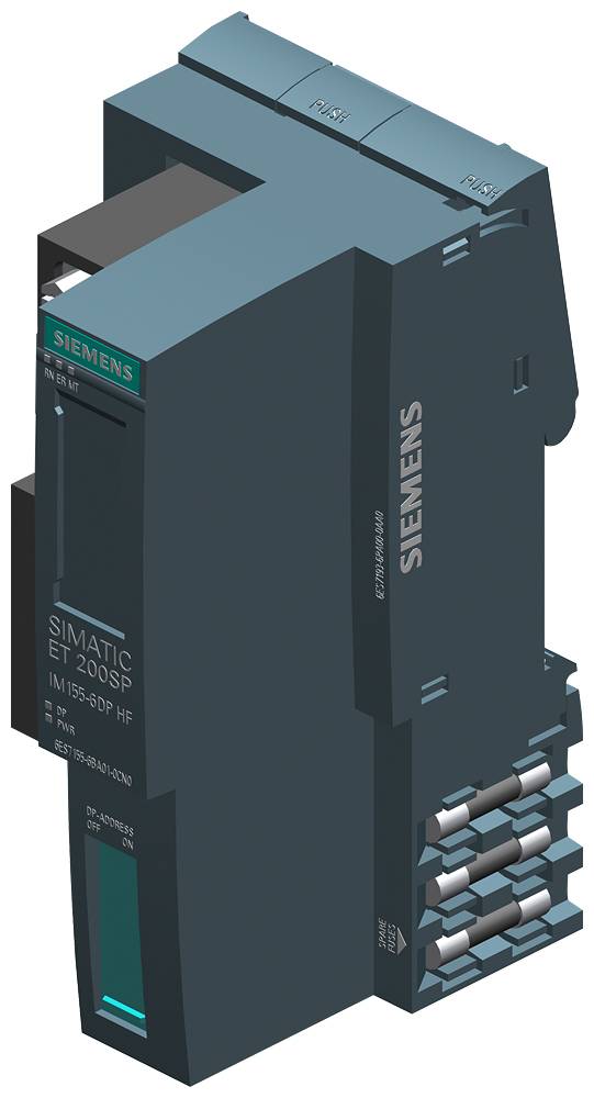 Industrie-Bauteil von Siemens, Modul SIMATIC ET 200SP HF, zeigt Anschlüsse und Beschriftungen.
