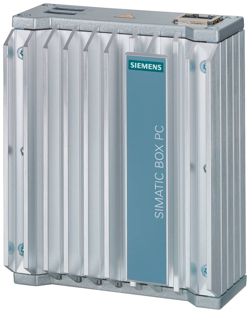Ein silberner SIMATIC Box PC von Siemens mit vertikalen Lüftungsschlitzen.