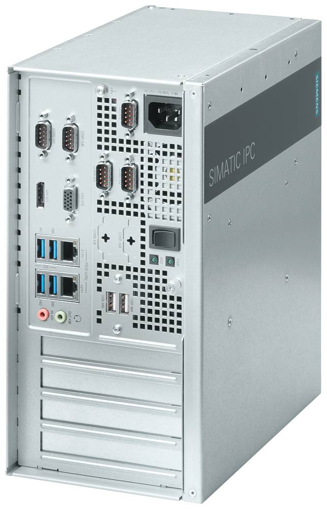 Ein silberner Industrie-PC mit mehreren Anschlussmöglichkeiten auf der Rückseite, einschließlich USB- und Netzwerkports sowie serielle Schnittstellen.