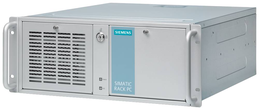 Ein grauer Industrierechner mit der Aufschrift 'Simatic Rack PC' auf der Vorderseite. Links befindet sich ein Lüftungsgitter und ein Schloss.