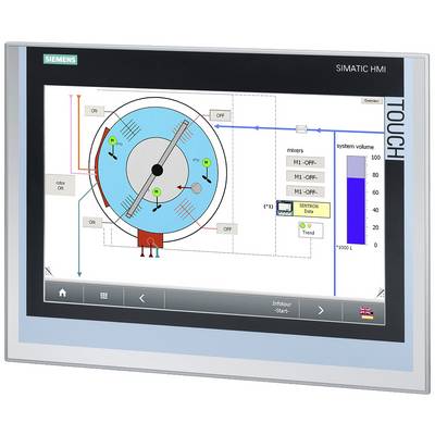 Touchscreen-Anzeige mit Siemens-SIMATIC HMI. Zeigt ein Diagramm eines Mischbehälters mit Steuerungsoptionen und Systemvolumendiagramm.