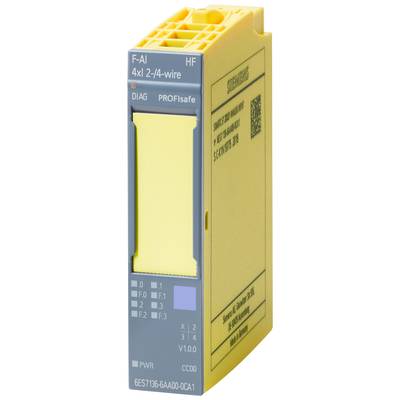 Ein gelbes elektronisches Modul mit der Aufschrift 'F-AI 4xI 2-/4-wire'. Markierungen für Statusanzeigen und Anschlüsse erkennbar.