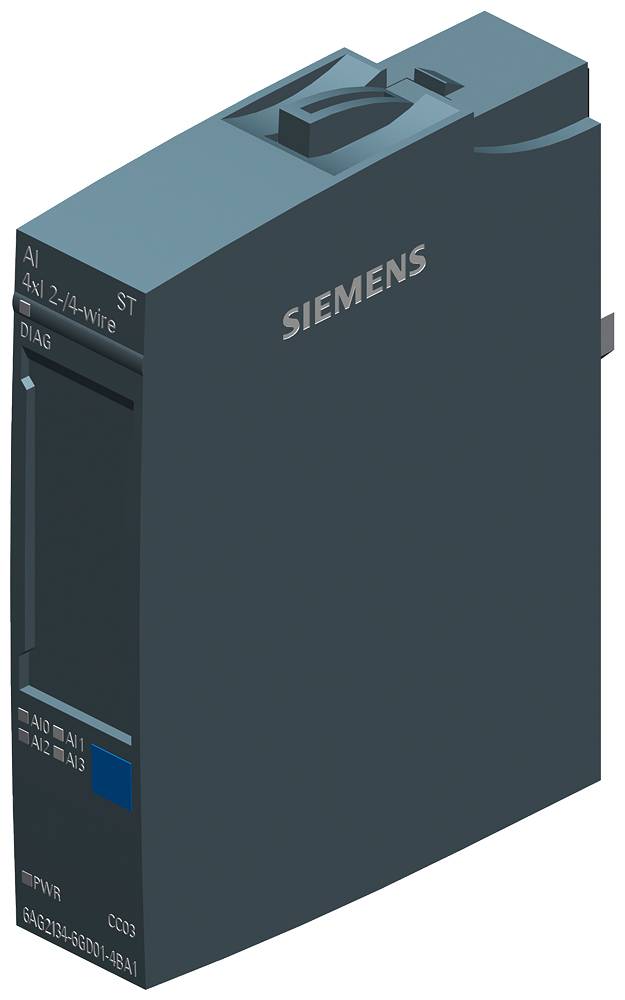 Ein graues Siemens-Modul, abgebildet in einem angewinkelten Blickwinkel. Es zeigt Anschlüsse und Beschriftungen an der Seite.