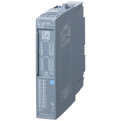 Grau-blaues Siemens-Modul mit Beschriftungen, Buchsen und LED-Anzeigen. Rechteckige Form, steht vertikal, industrielle Anwendungen.