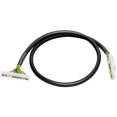 Ein schwarzes Kabel mit zwei mehrfarbigen Steckverbindern an den Enden, geeignet für den Anschluss in elektronischen Geräten.