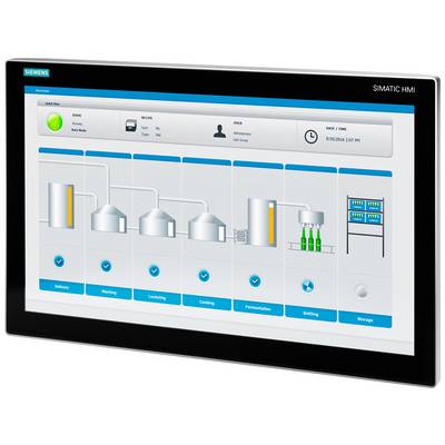 Ein Touchscreen-Display zeigt einen Produktionsprozess mit sechs Stufen: Lieferung, Maischen, Läutern, Kochen, Formulierung, Abfüllung. Oben sind Statusinformationen sichtbar.