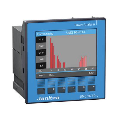 Blaues Power-Analyser-Gerät 'UMG 96-PQ-L' von Janitza mit einem grafischen Display, das harmonische Frequenzen in Rot anzeigt.