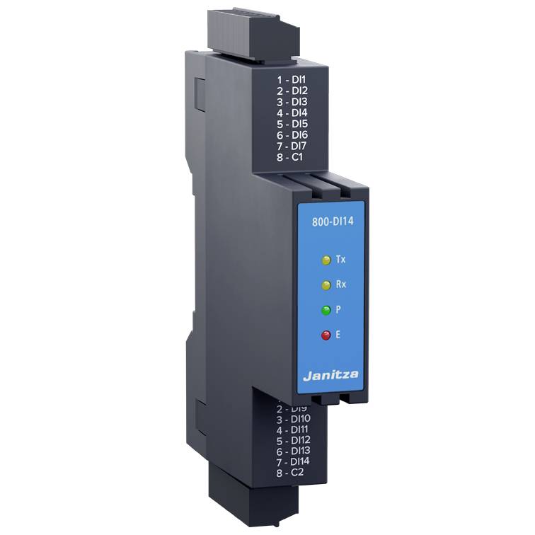 Elektrischer DIN-Schienenmodul, Modell '800-DI14' von Janitza mit Statusanzeigen für Tx, Rx, P, und E.