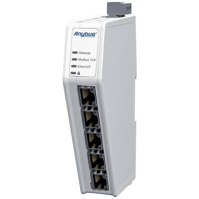 Ein silbernes Gateway-Gerät der Marke 'Anybus' mit fünf Ethernet-Anschlüssen, aufgelistet: Gateway, Modbus TCP, EtherCAT.