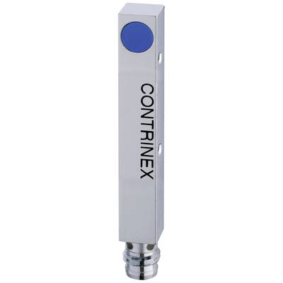 Rechteckiger Sensor der Marke CONTRINEX, silber mit blauem kreisförmigem Element und Anschluss am unteren Ende.