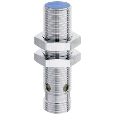 Zylindrischer Metallsensor mit blauer Spitze, zwei Sechskantmuttern zur Befestigung; typisches Design für Näherungssensoren.