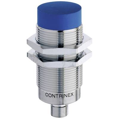 Zylindrischer, metallischer Drucksensor mit blauem Kopf, Einschnitte für festes Einsetzen. Markiert mit 'CONTRINEX'.