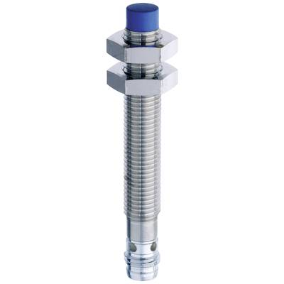 Metallischer zylindrischer Sensor mit blauer Kunststoffspitze und zwei Sechskantmuttern.