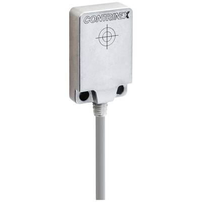 Ein rechteckiger, silberner Sensor mit der Aufschrift 'CONTRINEX'. Ein Zielkreuz ist darunter abgebildet. Ein Kabel führt nach unten.