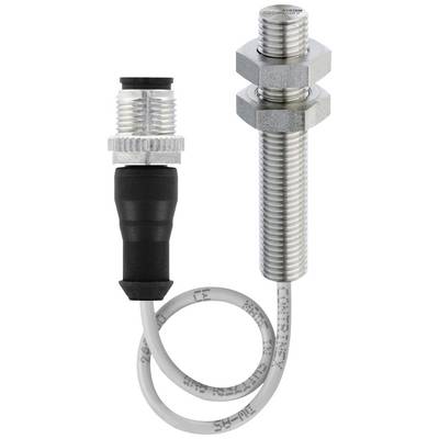 'Zylindrischer Sensor mit Kabel und Stecker. Hauptkomponente ist metallisch, Gewinde vorhanden. Geeignet für industrielle Anwendungen.'