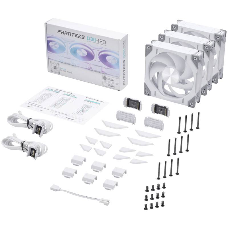 Phanteks D30-120 Lüfterset in Weiß: Enthält drei Lüfter, Montagezubehör, Kabel und Bedienungsanleitungen. Ideal zur PC-Kühlung.