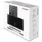 Eine schwarze HDD/SSD-Dockingstation von Axagon mit Superspeed-USB-Anschluss und Unterstützung für 2,5"- und 3,5"-Laufwerke. Verpackung zeigt Produktabbildungen und Spezifikationen.
