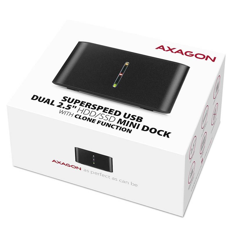 Eine Verpackung des 'AXAGON Superspeed USB Dual 2,5" HDD/SSD Mini Dock mit Klonfunktion'.