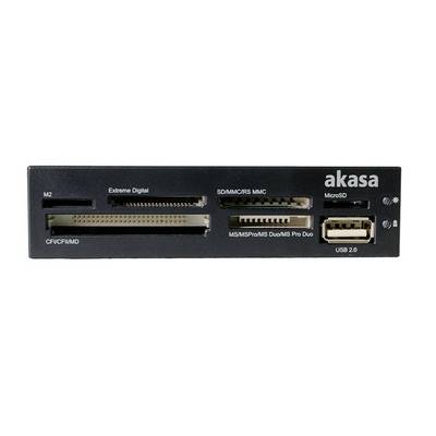 'Akasa Kartenleser mit Anschlüssen für M2, Extreme Digital, SD/MMC, MS/Pro Duo und USB 2.0. Schwarzes Gehäuse, vielseitige Nutzung.'