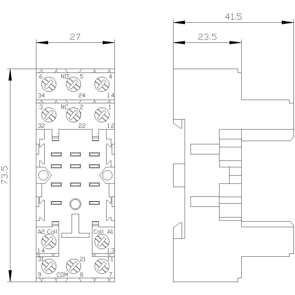 Technische Zeichnung einer elektrischen Relaissockel, mit Abmessungen: Höhe 73,5 mm, Breite 27 mm links, 41,5 mm rechts. Wichtige Anschlüsse wie 'Coil A1/A2' und 'COM' markiert.