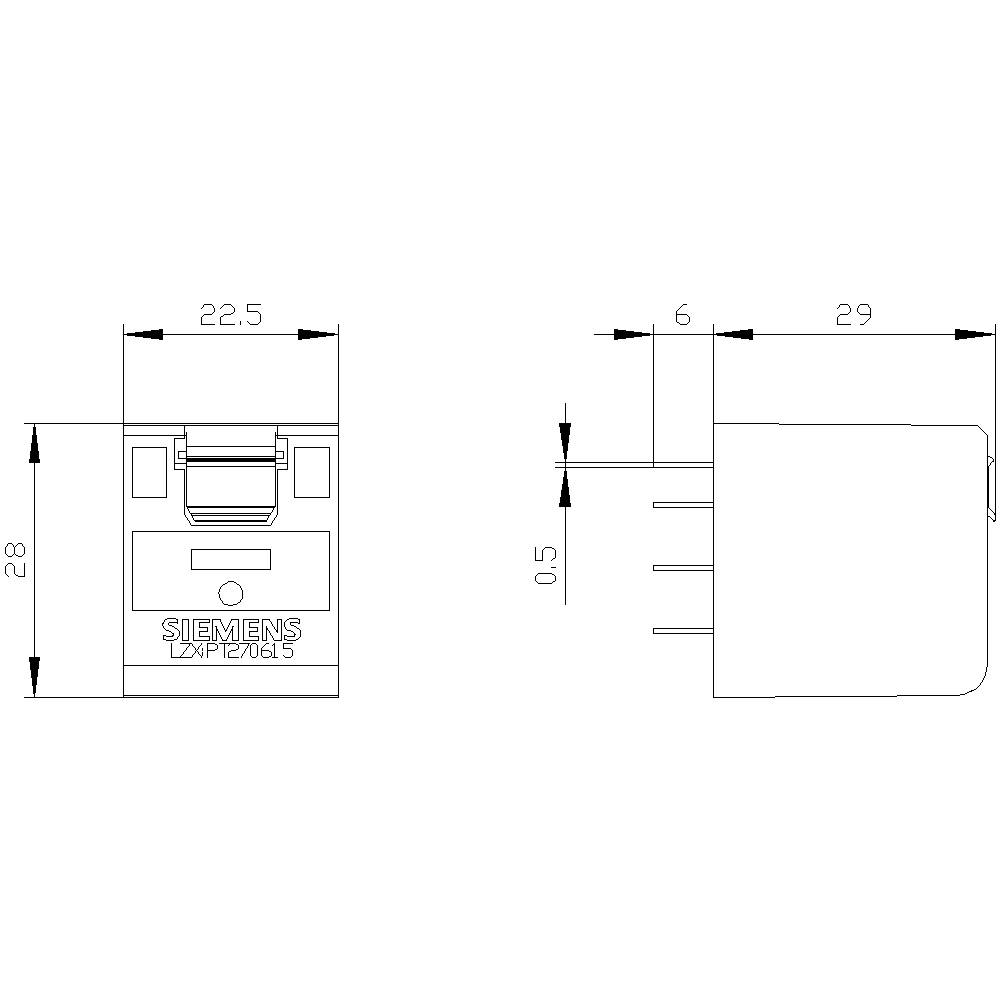 Technische Zeichnung eines Siemens-Elektronikmoduls mit genauen Maßen: 28x29x22,5 mm. Modul zeigt Anschlüsse und Gehäusestruktur.